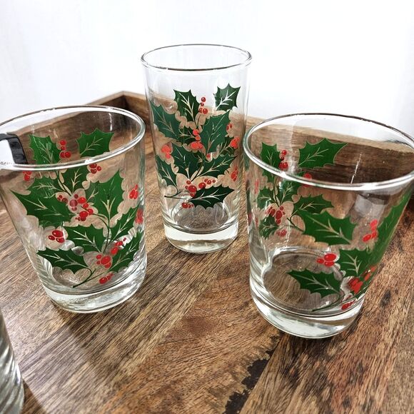 4 Lot Vintage Libby Holly Berry Christmas Drinking Glasses 1 Tumbler 3 Rocks - Picture 4 of 10